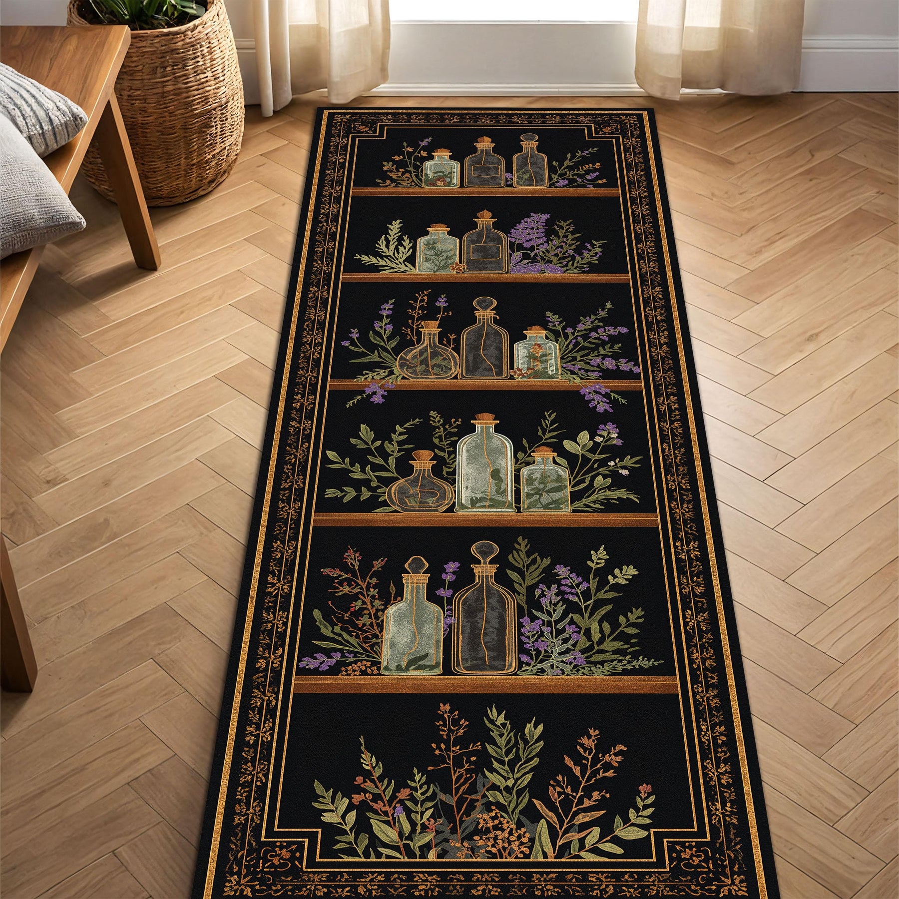 Vintage Apothecary Botanical Runner Rug, Dark Academia Hallway Carpet, Herb & Potion Bottle Art Kitchen Floor Mat Decor Non Slip Washable