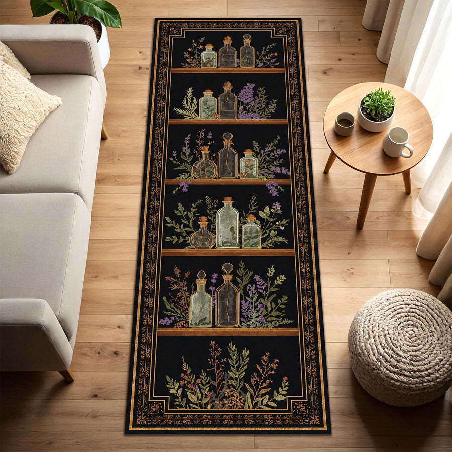 Vintage Apothecary Botanical Runner Rug, Dark Academia Hallway Carpet, Herb & Potion Bottle Art Kitchen Floor Mat Decor Non Slip Washable