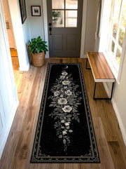 Black Gothic Rose Moon Runner Rug, Celestial Floral Hallway Carpet, Vintage Botanical Starry Decor, Entryway Kitchen Floor Mat Non Slip