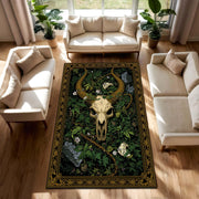Gothic Bull Skull Forest Rug, Dark Botanical Area Rug with Vintage Gold Border, Occult Nature Decor for Living Room, Bedroom Gift Idea