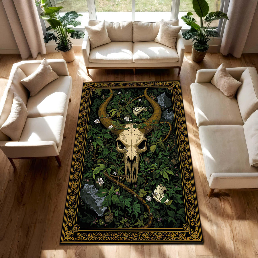 Gothic Bull Skull Forest Rug, Dark Botanical Area Rug with Vintage Gold Border, Occult Nature Decor for Living Room, Bedroom Gift Idea