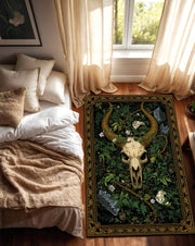 Gothic Bull Skull Forest Rug, Dark Botanical Area Rug with Vintage Gold Border, Occult Nature Decor for Living Room, Bedroom Gift Idea