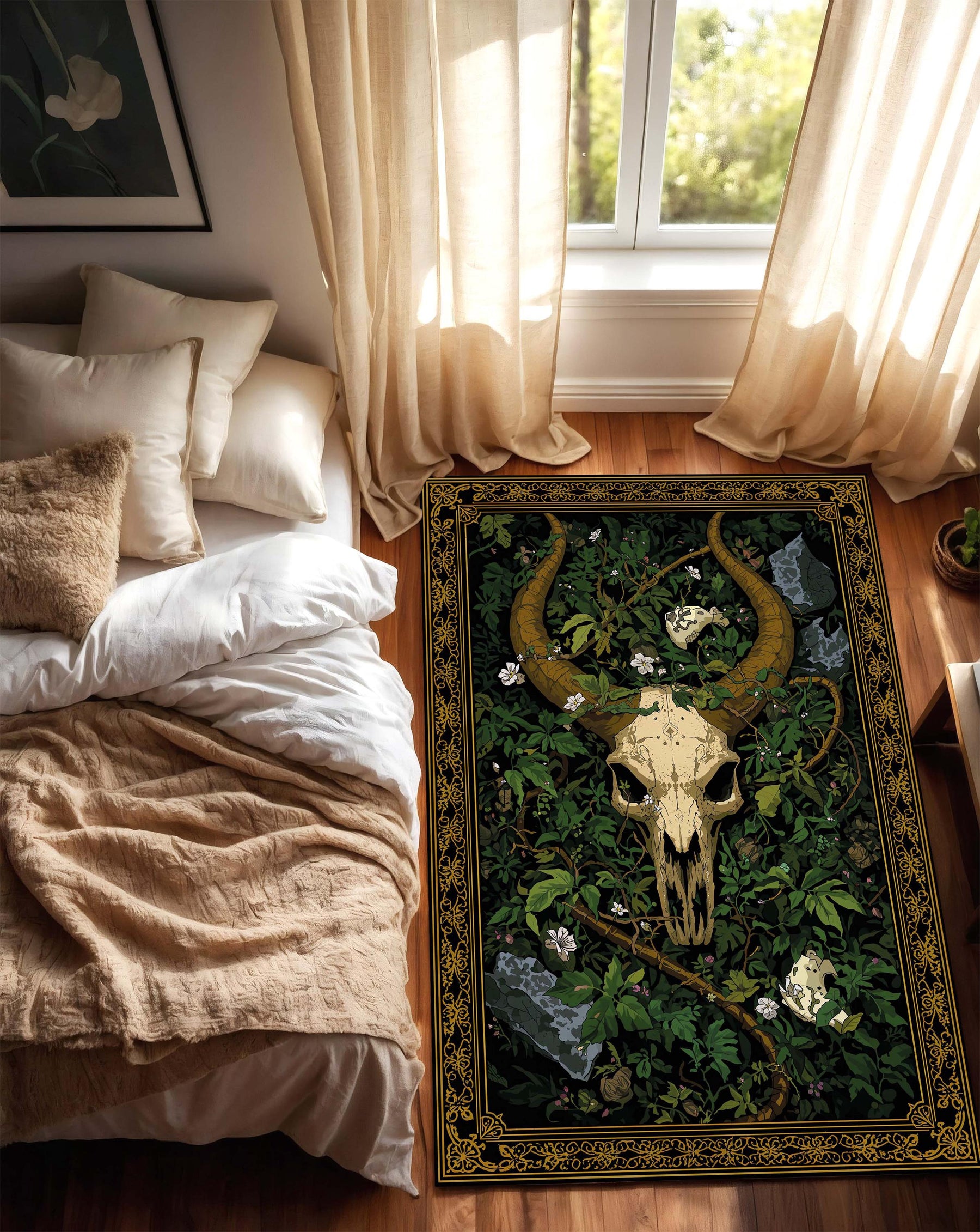 Gothic Bull Skull Forest Rug, Dark Botanical Area Rug with Vintage Gold Border, Occult Nature Decor for Living Room, Bedroom Gift Idea