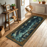 Fantasy Cave Waterfall Runner Rug, Navy Teal Gold Border Hallway Carpet, Mystical Landscape Floor Decor for Entryway Living Room Home