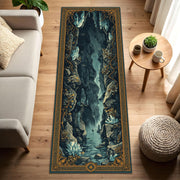 Fantasy Cave Waterfall Runner Rug, Navy Teal Gold Border Hallway Carpet, Mystical Landscape Floor Decor for Entryway Living Room Home
