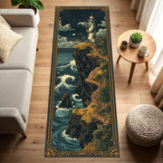 Coastal Lighthouse Runner Rug, Ocean Cliff Wave Hallway Carpet, Nautical Vintage Floor Mat for Entryway Kitchen Corridor Decor Gift Idea