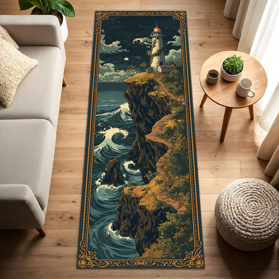 Coastal Lighthouse Runner Rug, Ocean Cliff Wave Hallway Carpet, Nautical Vintage Floor Mat for Entryway Kitchen Corridor Decor Gift Idea
