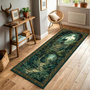 Enchanted Forest Runner Rug with Griffin and Castle, Dark Green Fairy Garden Pathway Hallway Mat, Cottagecore Fantasy Decor Entryway