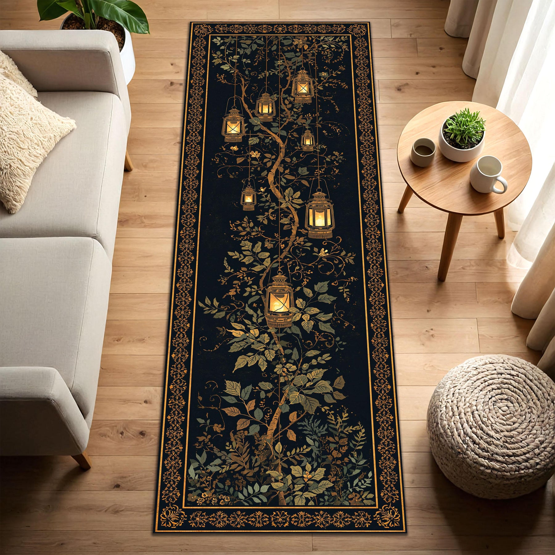 Lantern Botanical Runner Rug, Vintage Boho Hallway Carpet, Dark Floral Oriental Border, Entryway Living Room Kitchen Decor