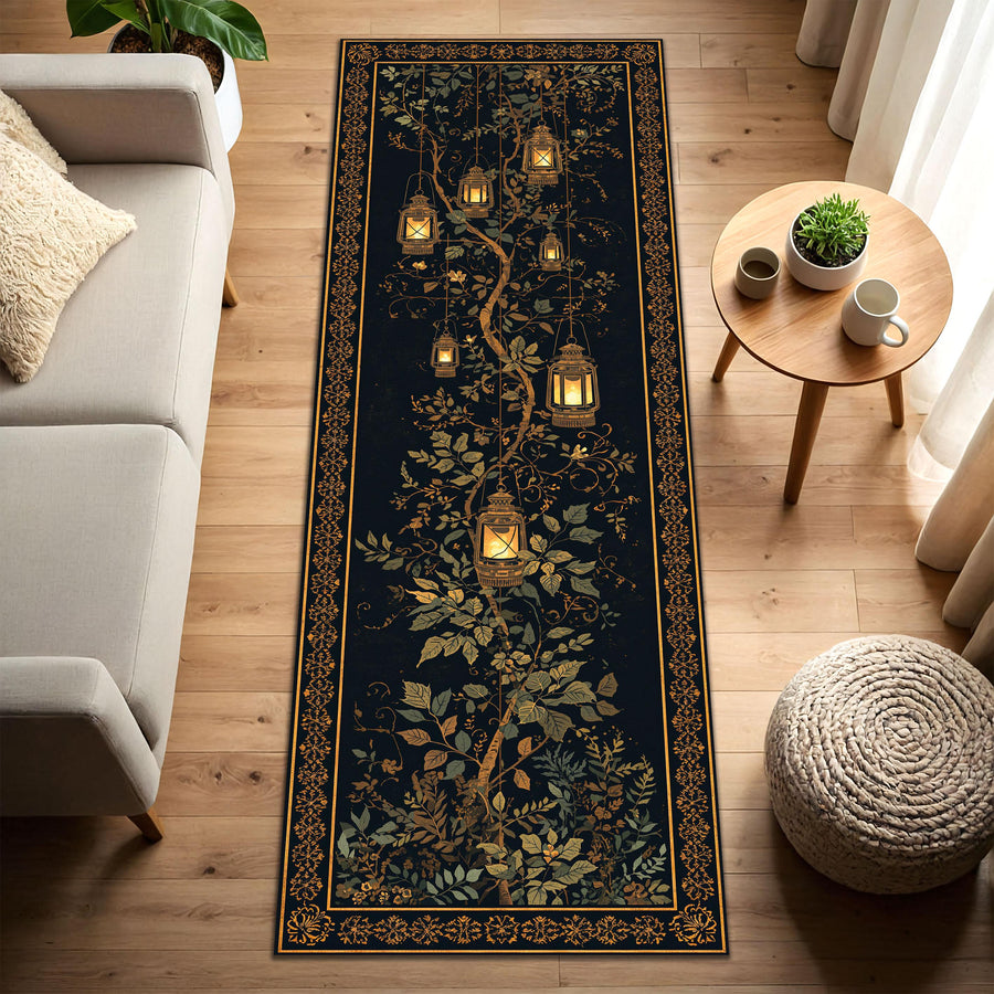 Lantern Botanical Runner Rug, Vintage Boho Hallway Carpet, Dark Floral Oriental Border, Entryway Living Room Kitchen Decor
