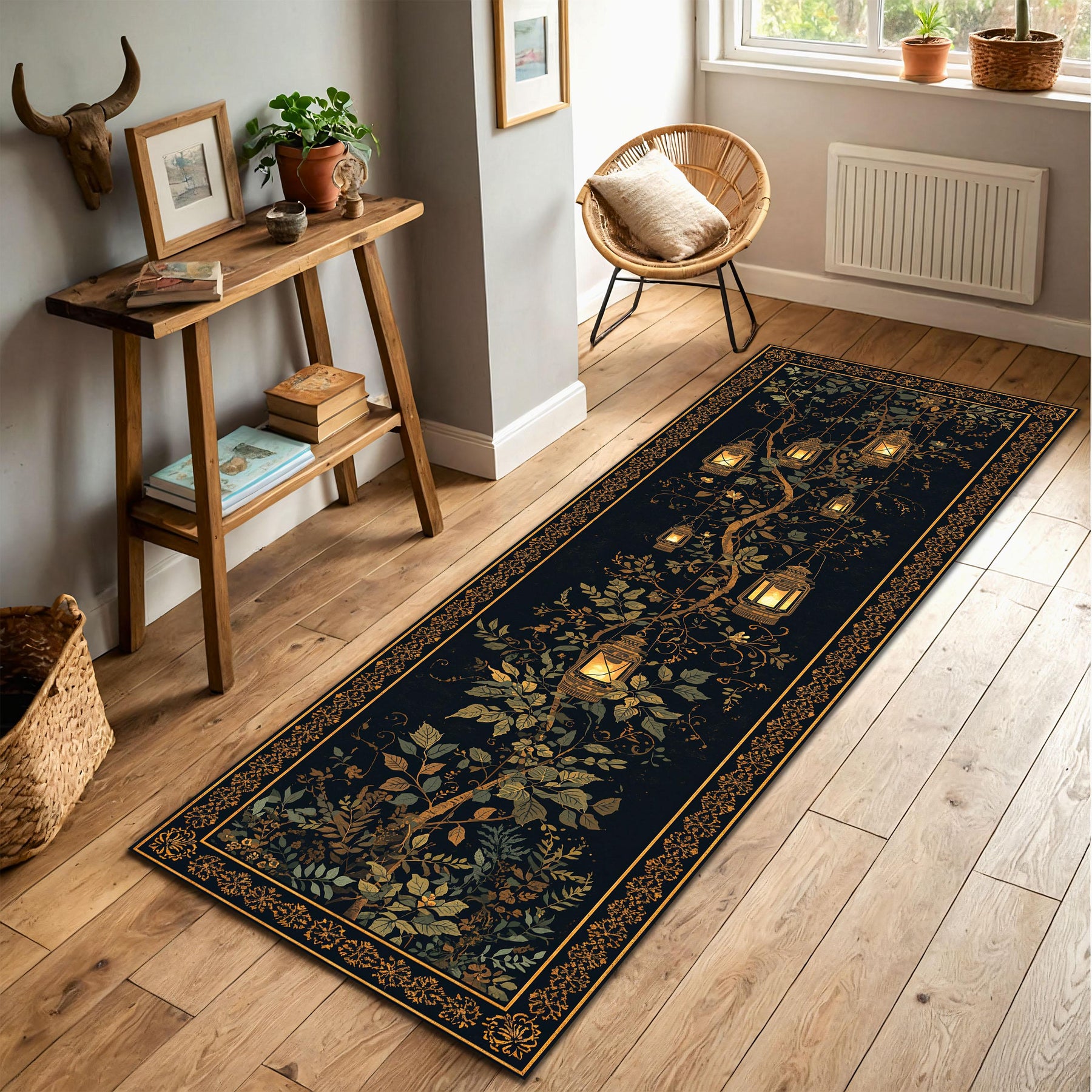 Lantern Botanical Runner Rug, Vintage Boho Hallway Carpet, Dark Floral Oriental Border, Entryway Living Room Kitchen Decor