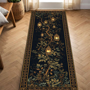 Lantern Botanical Runner Rug, Vintage Boho Hallway Carpet, Dark Floral Oriental Border, Entryway Living Room Kitchen Decor