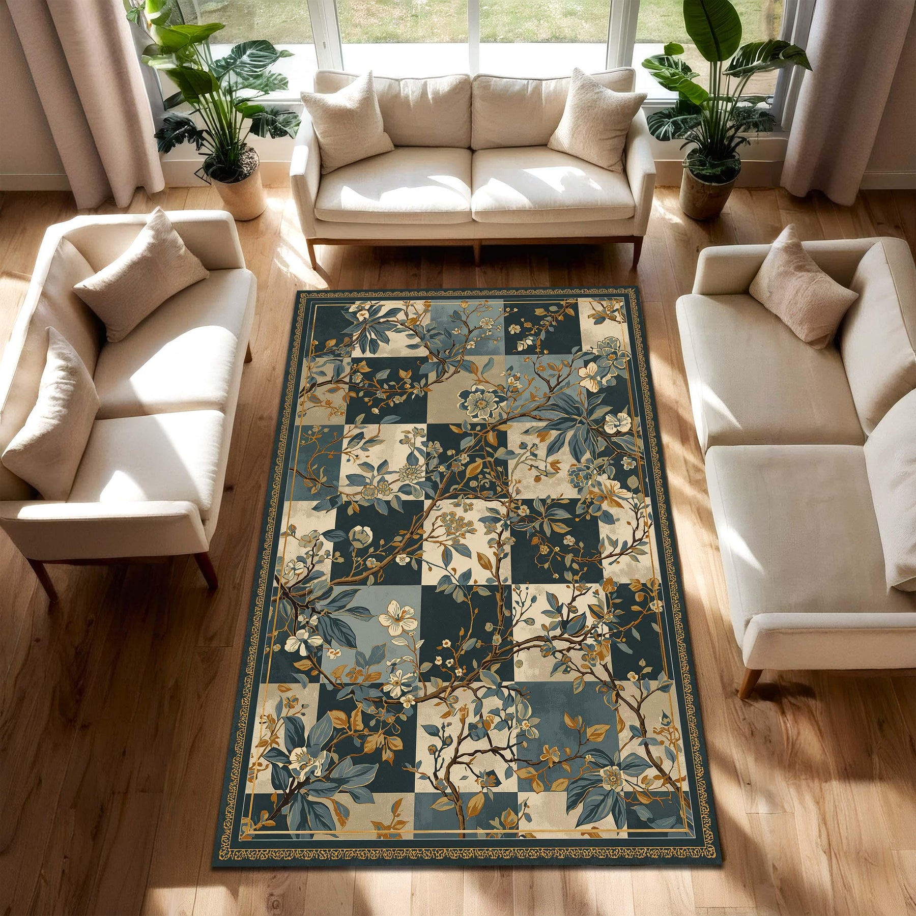 Blue Botanical Checkerboard Area Rug, Vintage Floral Branch Pattern Carpet, Teal Beige Living Room Decor, Hallway Runner, Housewarming Gift
