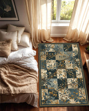 Blue Botanical Checkerboard Area Rug, Vintage Floral Branch Pattern Carpet, Teal Beige Living Room Decor, Hallway Runner, Housewarming Gift