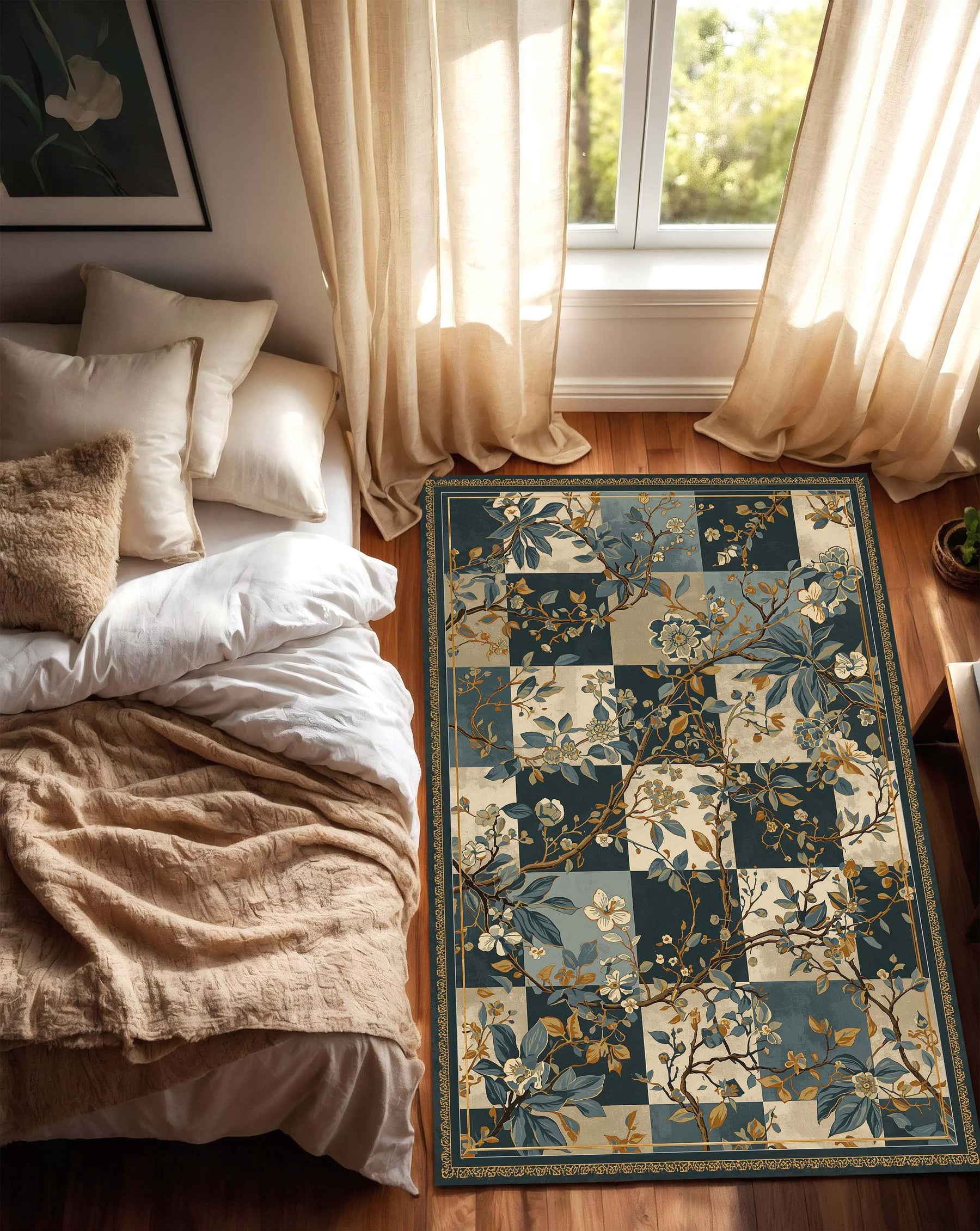 Blue Botanical Checkerboard Area Rug, Vintage Floral Branch Pattern Carpet, Teal Beige Living Room Decor, Hallway Runner, Housewarming Gift