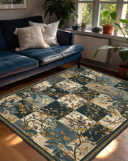 Blue Botanical Checkerboard Area Rug, Vintage Floral Branch Pattern Carpet, Teal Beige Living Room Decor, Hallway Runner, Housewarming Gift