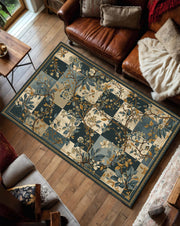 Blue Botanical Checkerboard Area Rug, Vintage Floral Branch Pattern Carpet, Teal Beige Living Room Decor, Hallway Runner, Housewarming Gift