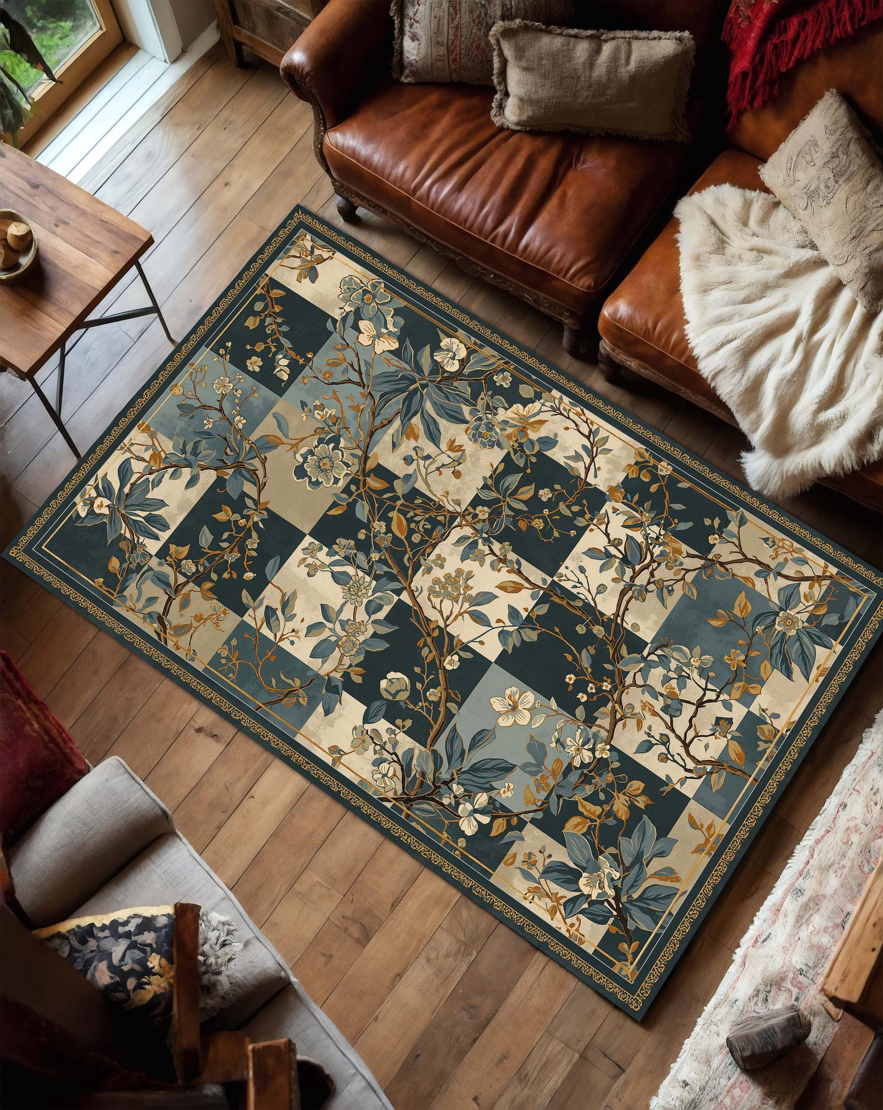Blue Botanical Checkerboard Area Rug, Vintage Floral Branch Pattern Carpet, Teal Beige Living Room Decor, Hallway Runner, Housewarming Gift