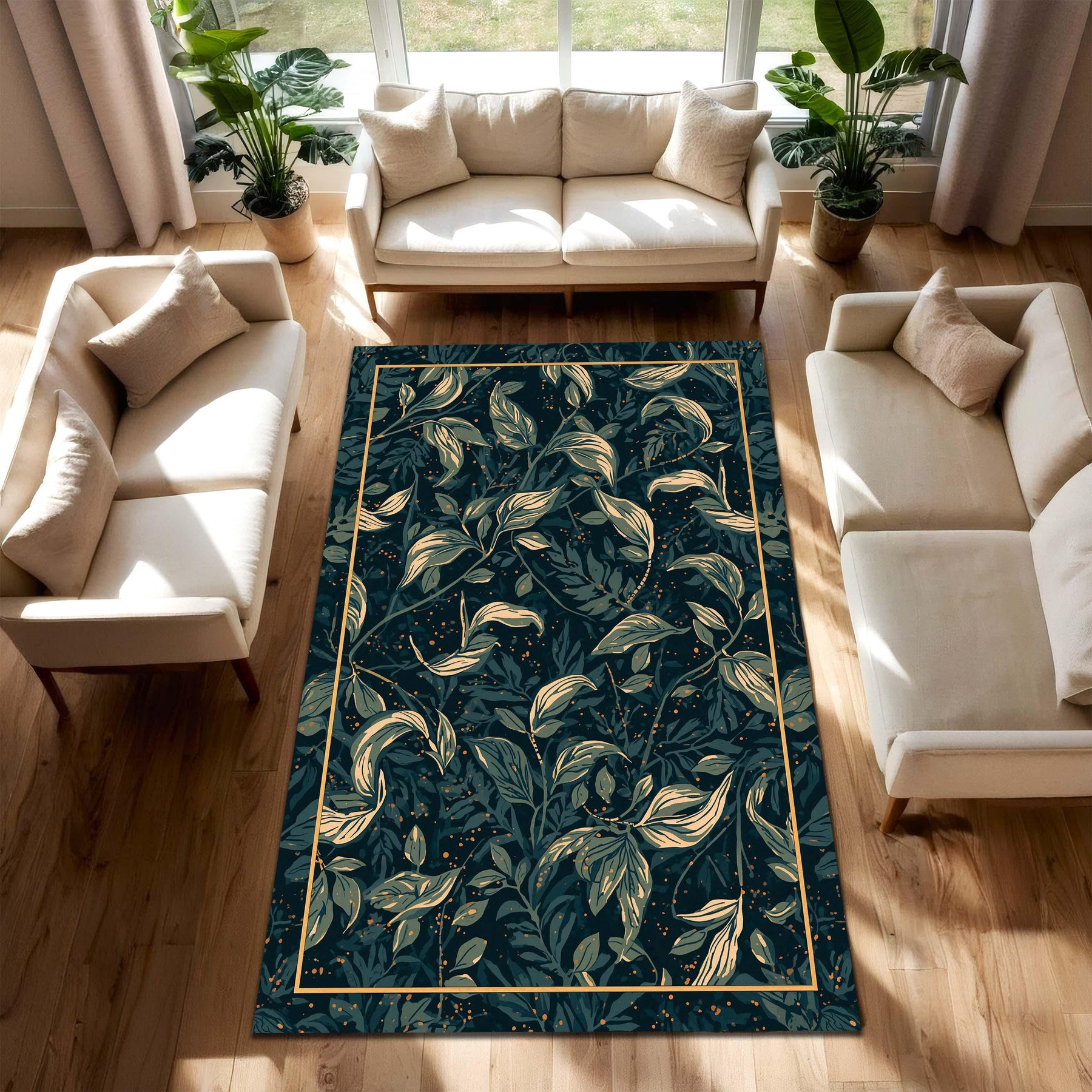 Dark Teal Botanical Area Rug with Gold Leaf Pattern, Modern Vintage Living Room Runner, Elegant Bedroom Floor Carpet Decor Boho Chic