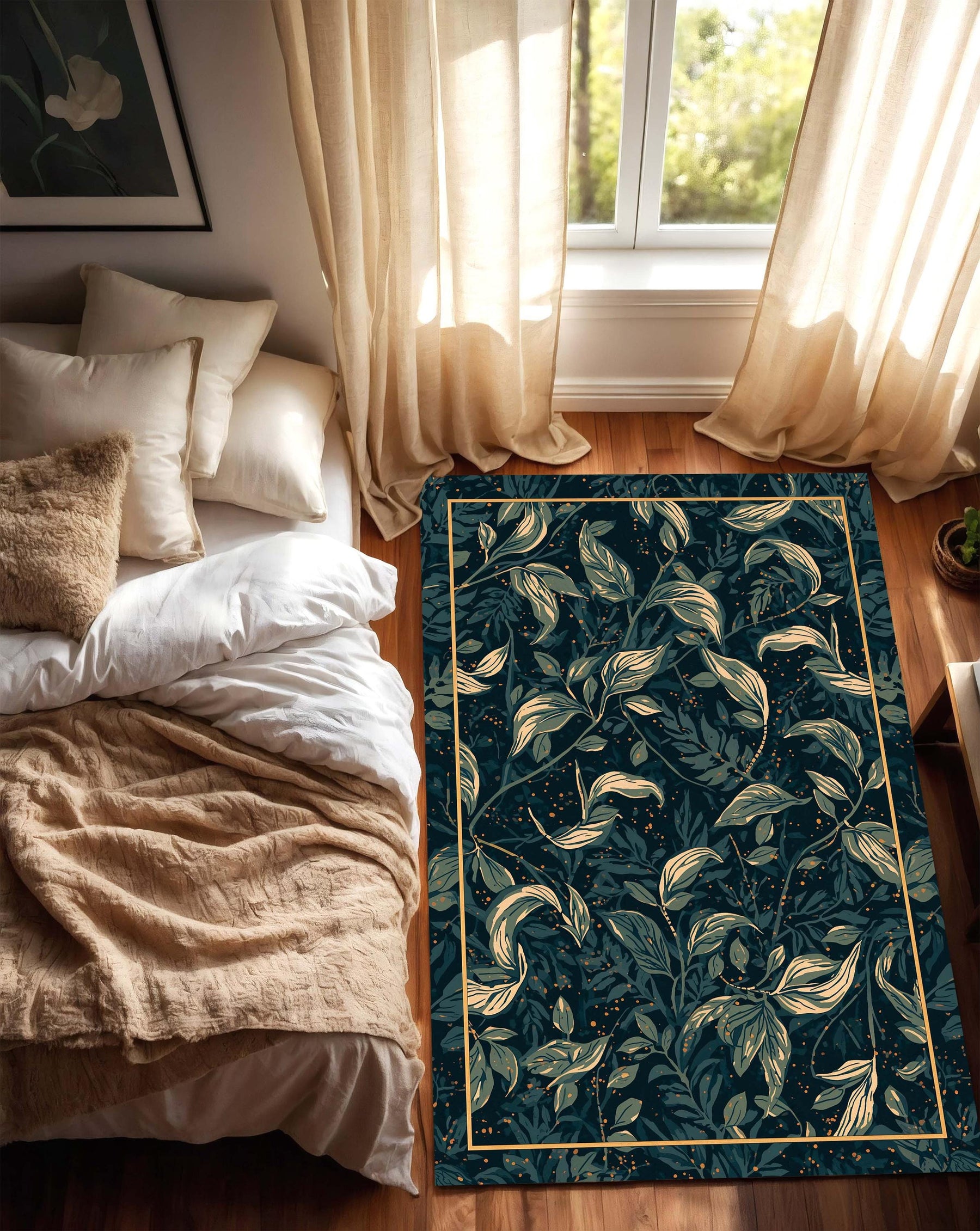 Dark Teal Botanical Area Rug with Gold Leaf Pattern, Modern Vintage Living Room Runner, Elegant Bedroom Floor Carpet Decor Boho Chic