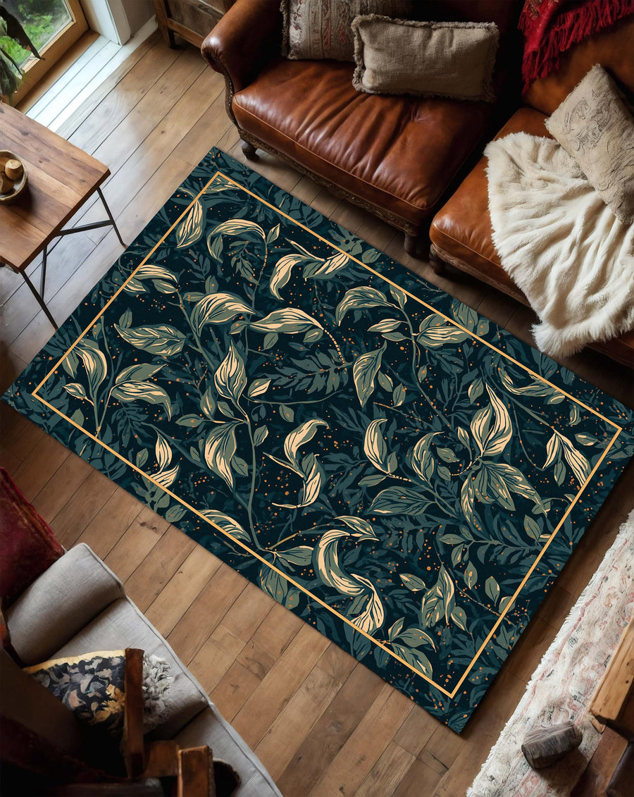 Dark Teal Botanical Area Rug with Gold Leaf Pattern, Modern Vintage Living Room Runner, Elegant Bedroom Floor Carpet Decor Boho Chic