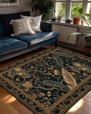 Black & Gold Botanical Feather Area Rug, Vintage Floral Runner Carpet, Modern Living Room Decor, Non Slip Floor Mat, Boho Luxe Gift