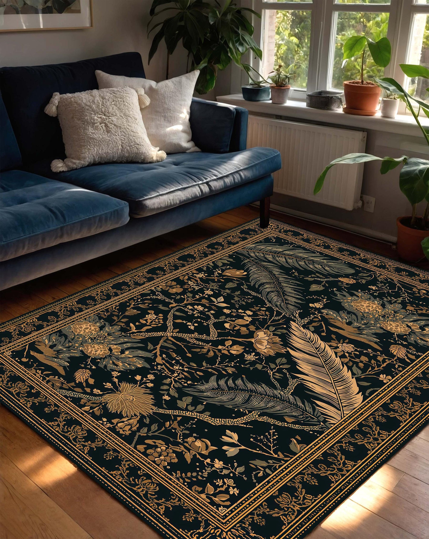Black & Gold Botanical Feather Area Rug, Vintage Floral Runner Carpet, Modern Living Room Decor, Non Slip Floor Mat, Boho Luxe Gift