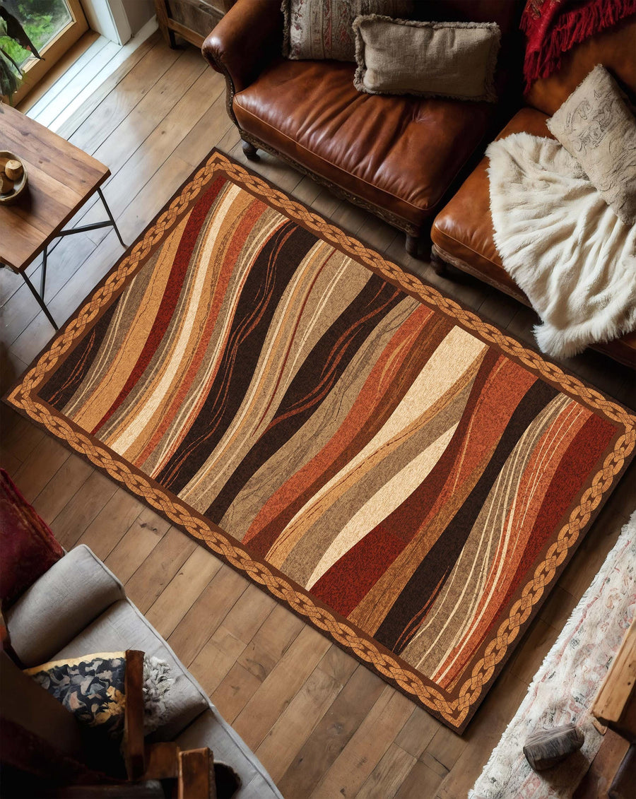Retro Earth Tone Wavy Stripe Area Rug with Celtic Knot Border, Rustic Boho Living Room Carpet, Low Pile Washable Carpet for Entryway Hallway