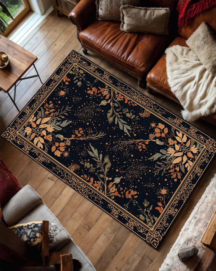 Dark Botanical Area Rug, Gold Floral Border Carpet, Vintage Cottagecore Floor Mat for Living Room Bedroom Entryway, Boho Home Decor