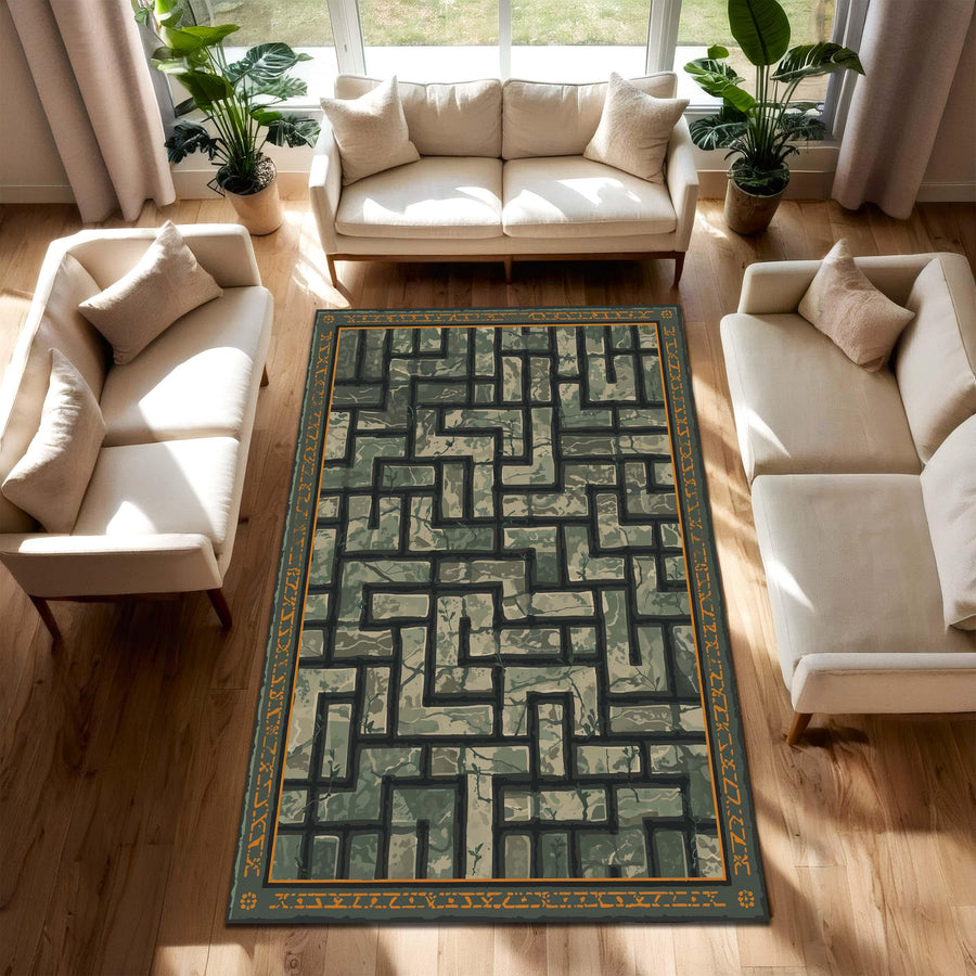 Green Maze Geometric Area Rug, Modern Abstract Runner Carpet for Living Room, Olive Gold Border Floor Mat, Boho Minimal Decor, Home Accent