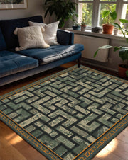 Green Maze Geometric Area Rug, Modern Abstract Runner Carpet for Living Room, Olive Gold Border Floor Mat, Boho Minimal Decor, Home Accent