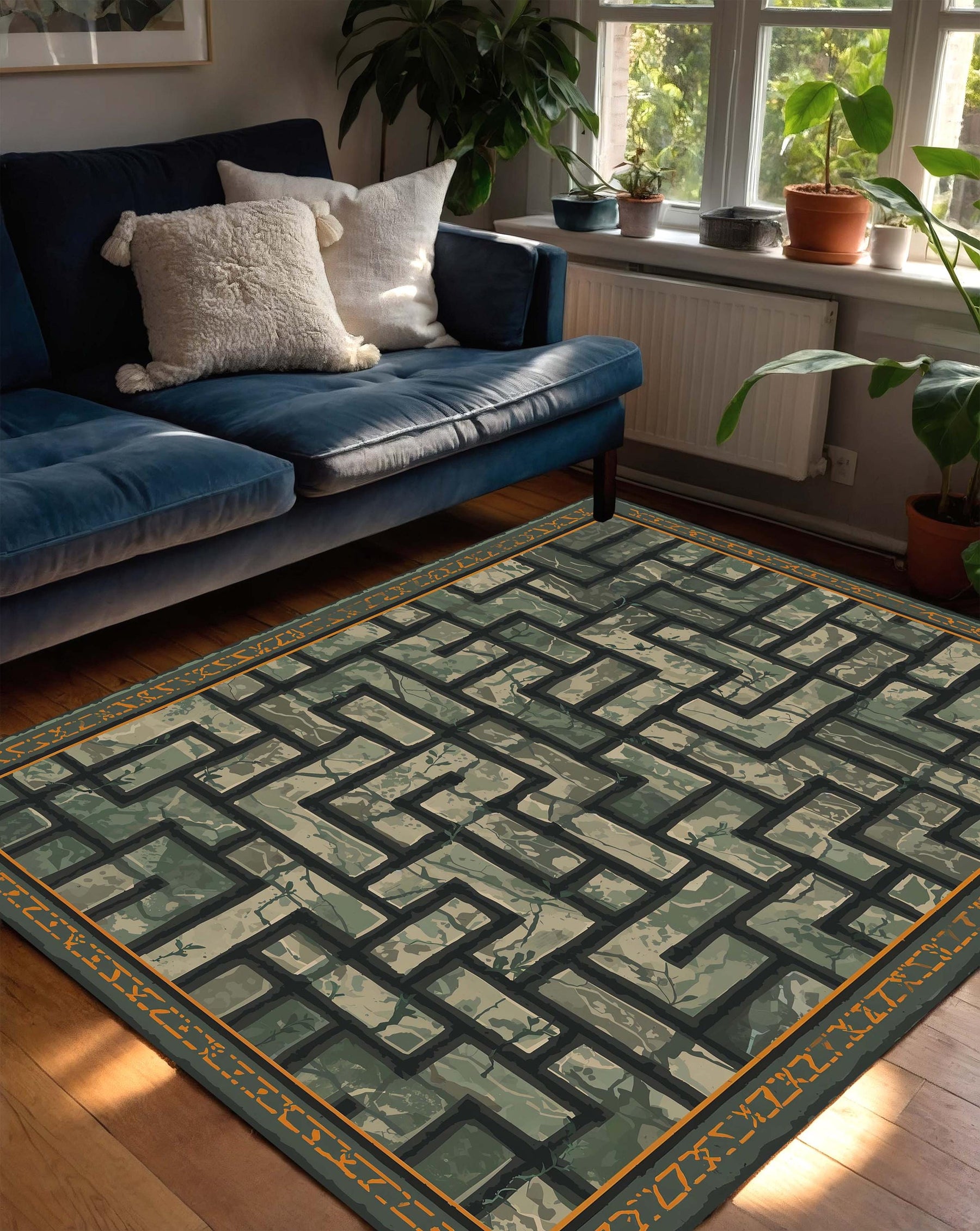 Green Maze Geometric Area Rug, Modern Abstract Runner Carpet for Living Room, Olive Gold Border Floor Mat, Boho Minimal Decor, Home Accent
