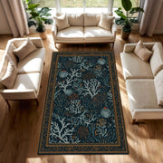 Navy Coral Reef Area Rug, Ocean Botanical Floor Mat, Indoor Coastal Living Room Runner, Teal Blue Seaweed Pattern, Beach House Decor