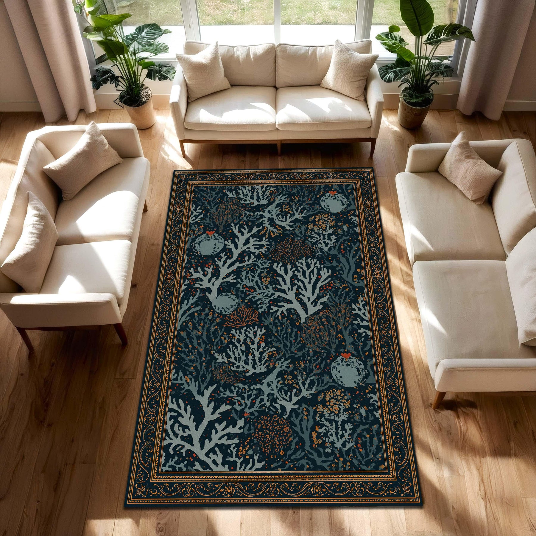 Navy Coral Reef Area Rug, Ocean Botanical Floor Mat, Indoor Coastal Living Room Runner, Teal Blue Seaweed Pattern, Beach House Decor