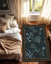 Navy Coral Reef Area Rug, Ocean Botanical Floor Mat, Indoor Coastal Living Room Runner, Teal Blue Seaweed Pattern, Beach House Decor