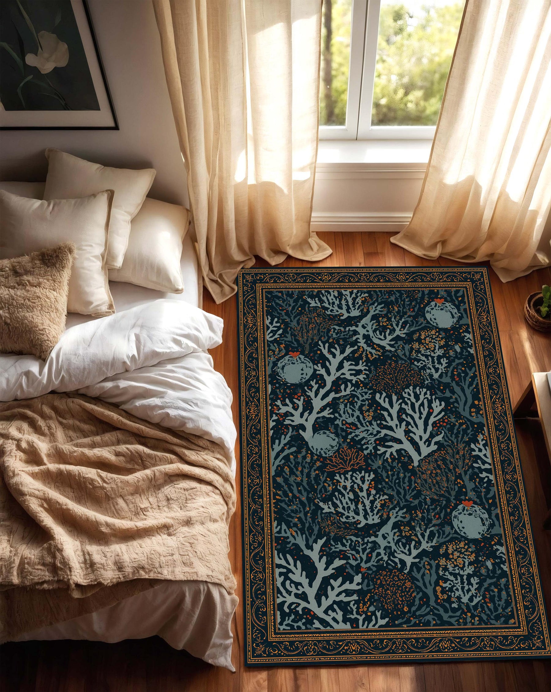 Navy Coral Reef Area Rug, Ocean Botanical Floor Mat, Indoor Coastal Living Room Runner, Teal Blue Seaweed Pattern, Beach House Decor