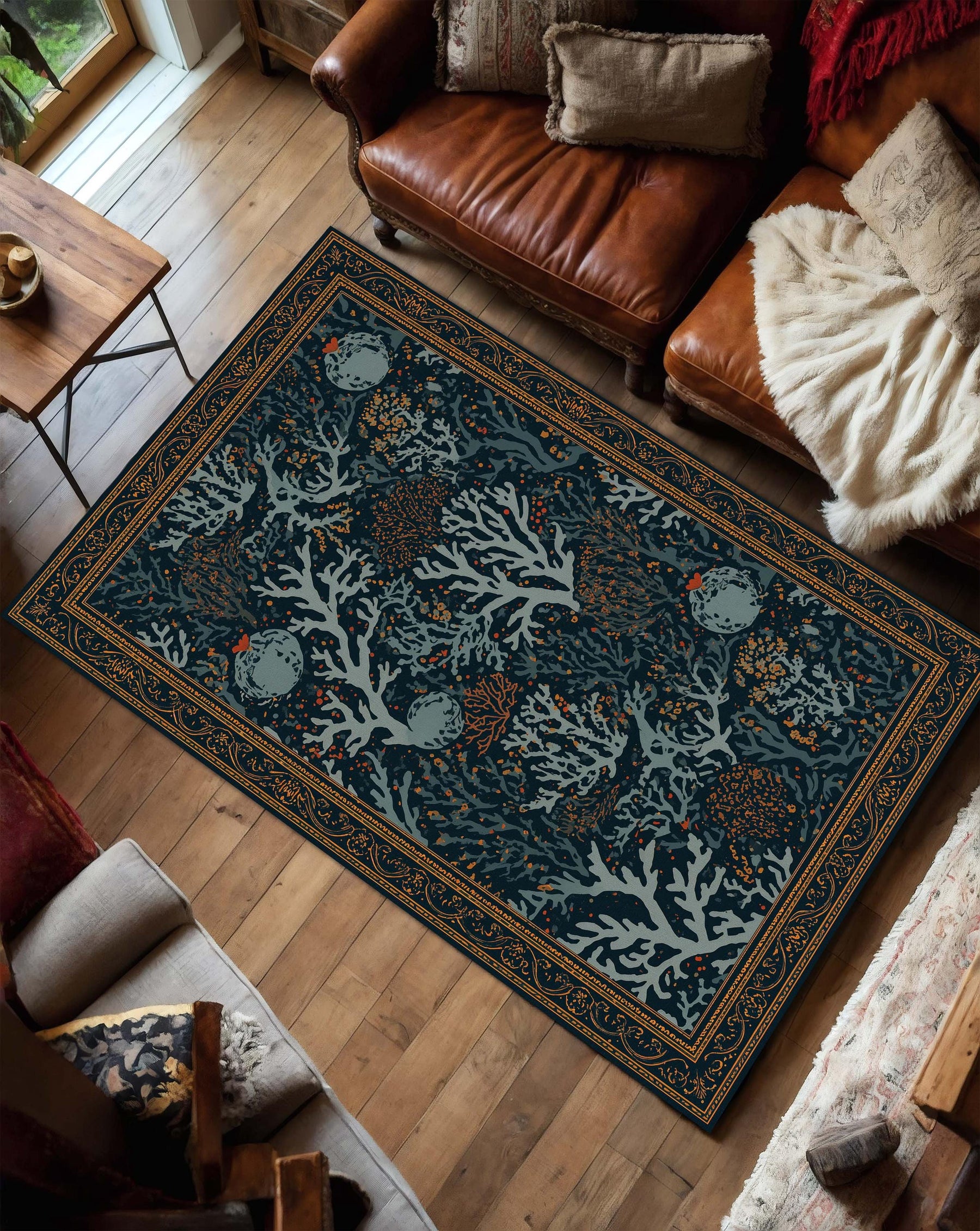 Navy Coral Reef Area Rug, Ocean Botanical Floor Mat, Indoor Coastal Living Room Runner, Teal Blue Seaweed Pattern, Beach House Decor