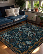 Navy Coral Reef Area Rug, Ocean Botanical Floor Mat, Indoor Coastal Living Room Runner, Teal Blue Seaweed Pattern, Beach House Decor
