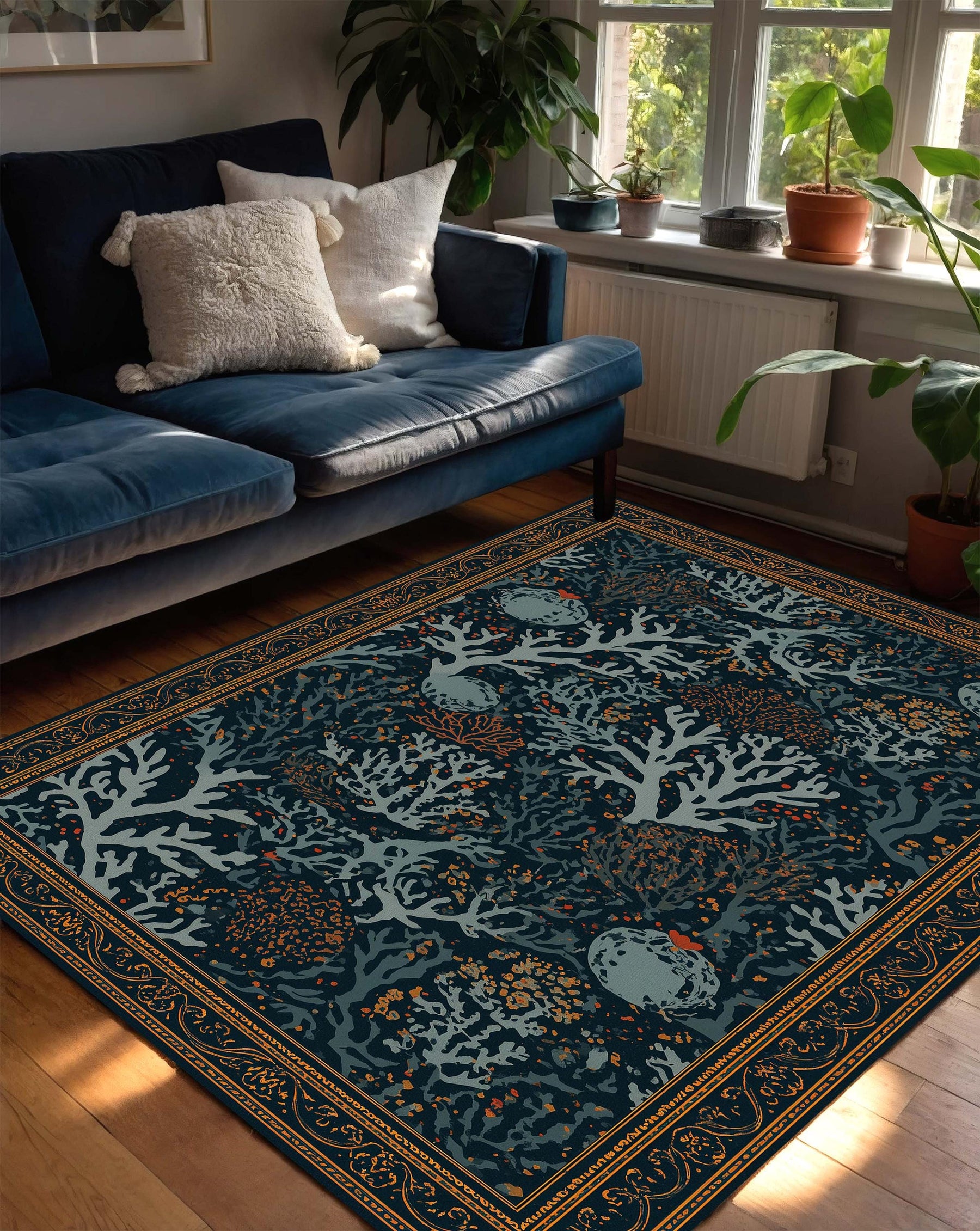Navy Coral Reef Area Rug, Ocean Botanical Floor Mat, Indoor Coastal Living Room Runner, Teal Blue Seaweed Pattern, Beach House Decor