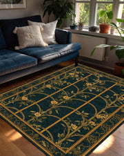 Teal Gold Floral Trellis Area Rug, Vintage Botanical Carpet for Living Room, Bedroom, Entryway, Art Deco Garden Pattern Decor Floor Mat