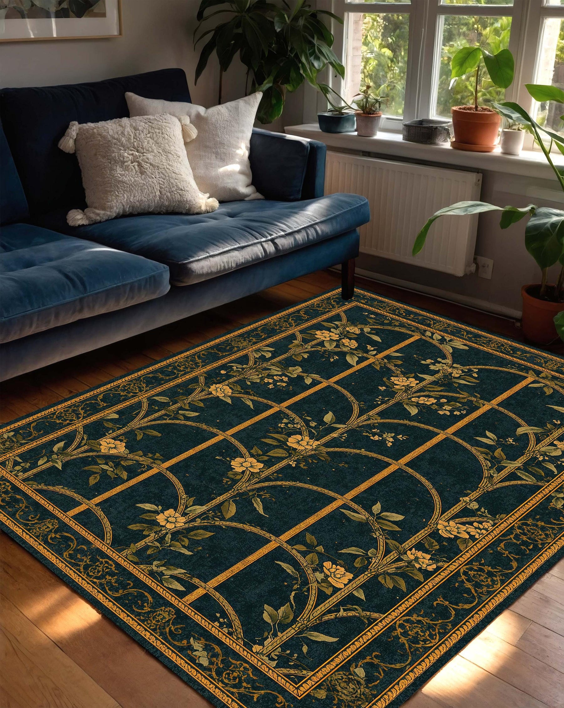 Teal Gold Floral Trellis Area Rug, Vintage Botanical Carpet for Living Room, Bedroom, Entryway, Art Deco Garden Pattern Decor Floor Mat