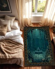 Mystic Underwater Ruins Area Rug, Teal Ocean Temple Fountain Floor Mat, Dark Gothic Fantasy Decor for Living Room Bedroom Office Gift
