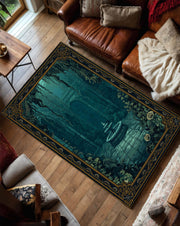 Mystic Underwater Ruins Area Rug, Teal Ocean Temple Fountain Floor Mat, Dark Gothic Fantasy Decor for Living Room Bedroom Office Gift