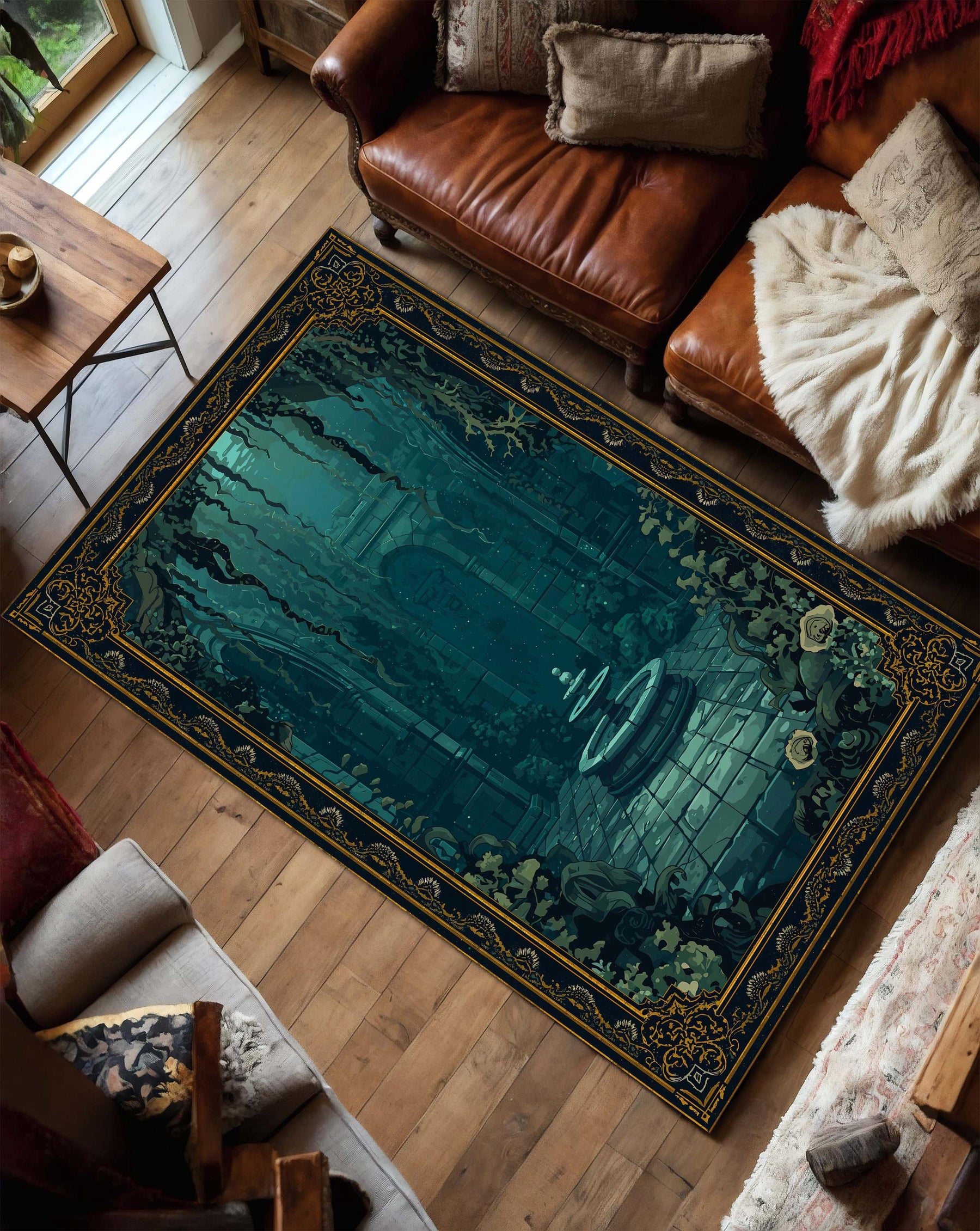 Mystic Underwater Ruins Area Rug, Teal Ocean Temple Fountain Floor Mat, Dark Gothic Fantasy Decor for Living Room Bedroom Office Gift