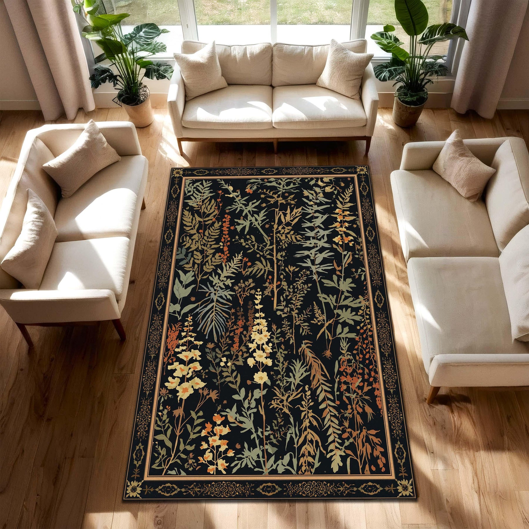 Dark Botanical Floral Area Rug, Vintage Garden Pattern Carpet for Living Room Bedroom, Boho Farmhouse Decor, Cottagecore Statement Rug
