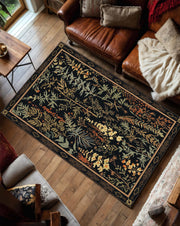 Dark Botanical Floral Area Rug, Vintage Garden Pattern Carpet for Living Room Bedroom, Boho Farmhouse Decor, Cottagecore Statement Rug