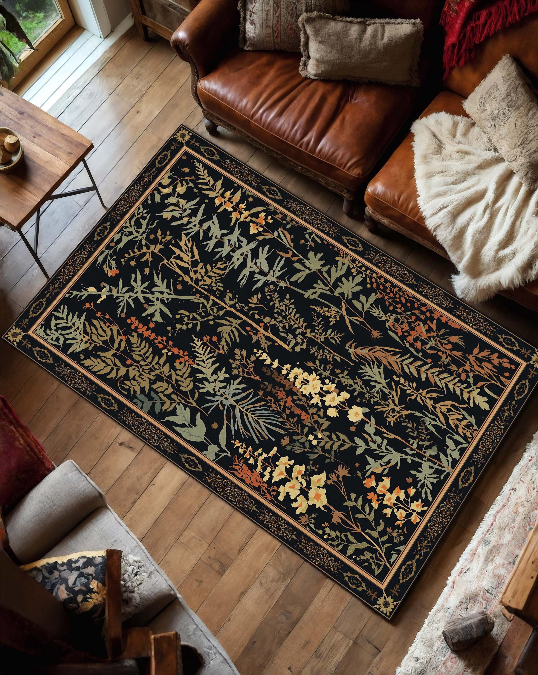 Dark Botanical Floral Area Rug, Vintage Garden Pattern Carpet for Living Room Bedroom, Boho Farmhouse Decor, Cottagecore Statement Rug