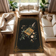Dark Academia Area Rug, Vintage Library Book & Quill Floral Carpet, Black Gold Border Victorian Decor, Living Room Bedroom Mat Runner