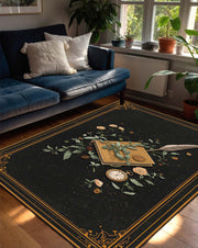 Dark Academia Area Rug, Vintage Library Book & Quill Floral Carpet, Black Gold Border Victorian Decor, Living Room Bedroom Mat Runner