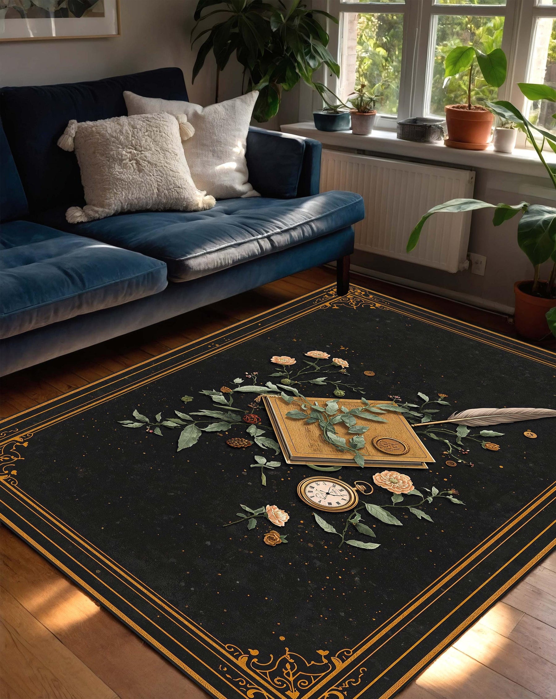 Dark Academia Area Rug, Vintage Library Book & Quill Floral Carpet, Black Gold Border Victorian Decor, Living Room Bedroom Mat Runner